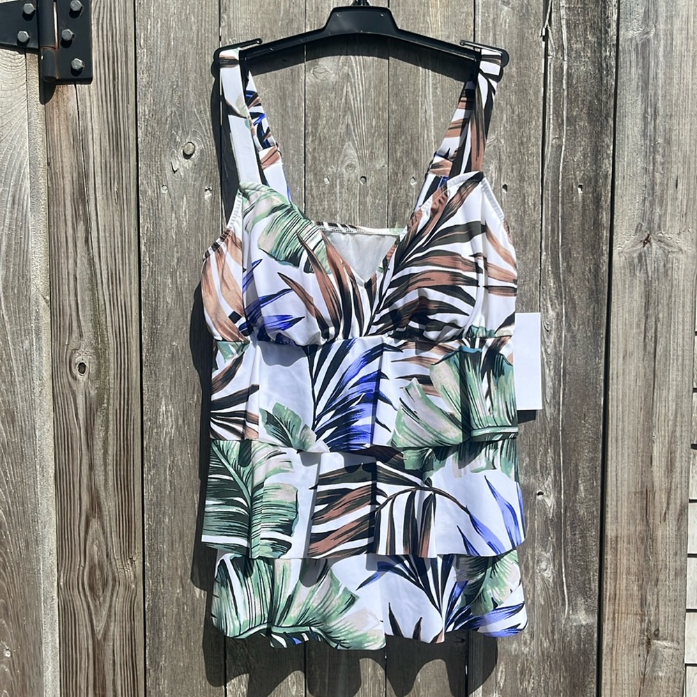 Shape Solver By Penbrooke Tropical Flower Ruffle Padded Tankini Top,Size 10,NWT
